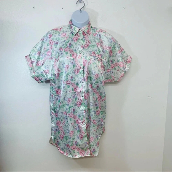 Kathryn  Satin  Nightshirt Small  Pink Floral Button Front Soft Lining Short Slv - Picture 1 of 10
